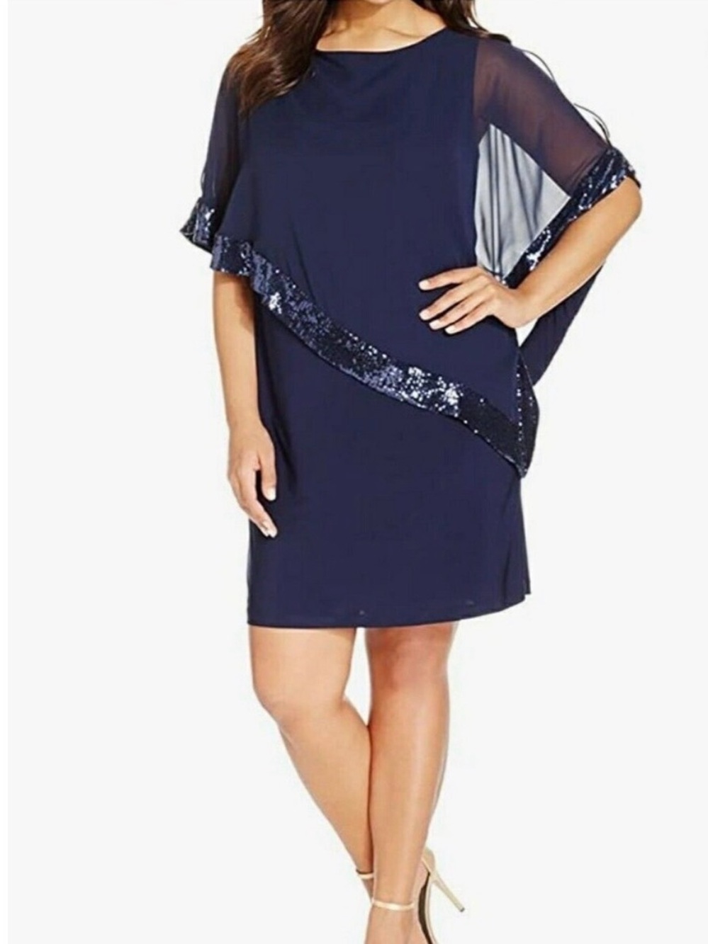 🥂 Xscape Capelet Midi dress navy blue with sequin trim. Sheer cape. Size 18W.